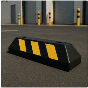 tope para cajon estacionamiento vehicular / hule reciclado / 55cm / color negro con franjas amarillas / resistente y antideslizante venta e instalacion en guadalajara jalisco.