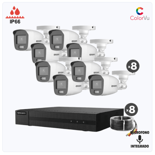kit turbohd 1080p / dvr 8 canales / 8 cámaras bala colorvu con microfono integrado / fuente de poder / accesorios de instalación