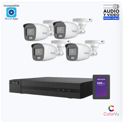 kit completo cctv 4 camaras turbohd 1080p + ssd 1 tb / dvr 4 canales / 4 cámaras bala colorvu con micrófono integrado / fuente de poder / accesorios de instalación