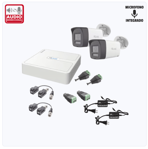kit hilook audio bidireccional turbohd 1080p / dvr 4 canales / 2 cámaras bala (exterior) con bocina y microfóno integrado / 2 fuentes de poder / accesorios
