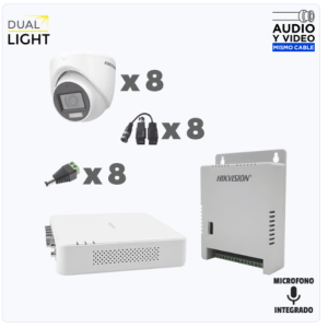 kit turbohd 1080p / dvr 8 canales con audio por coaxitron / 8 cámaras con micrófono integrado 101° visión/ luz blanca + ir visión nocturna / transceptores / conectores / fuente de poder profesional